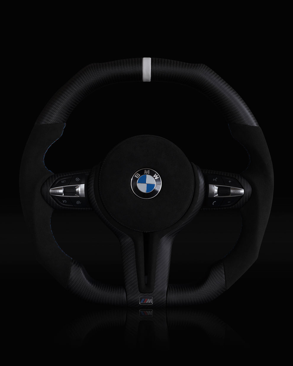 BMW Alcantara Flat Bottom White Stripe Dry Carbon Fiber Steering Wheel for F Chassis- iCBL's Signature Design for F30 F32 F80 F82 M3 M4 M2 335i 340i 328i 440i 435i