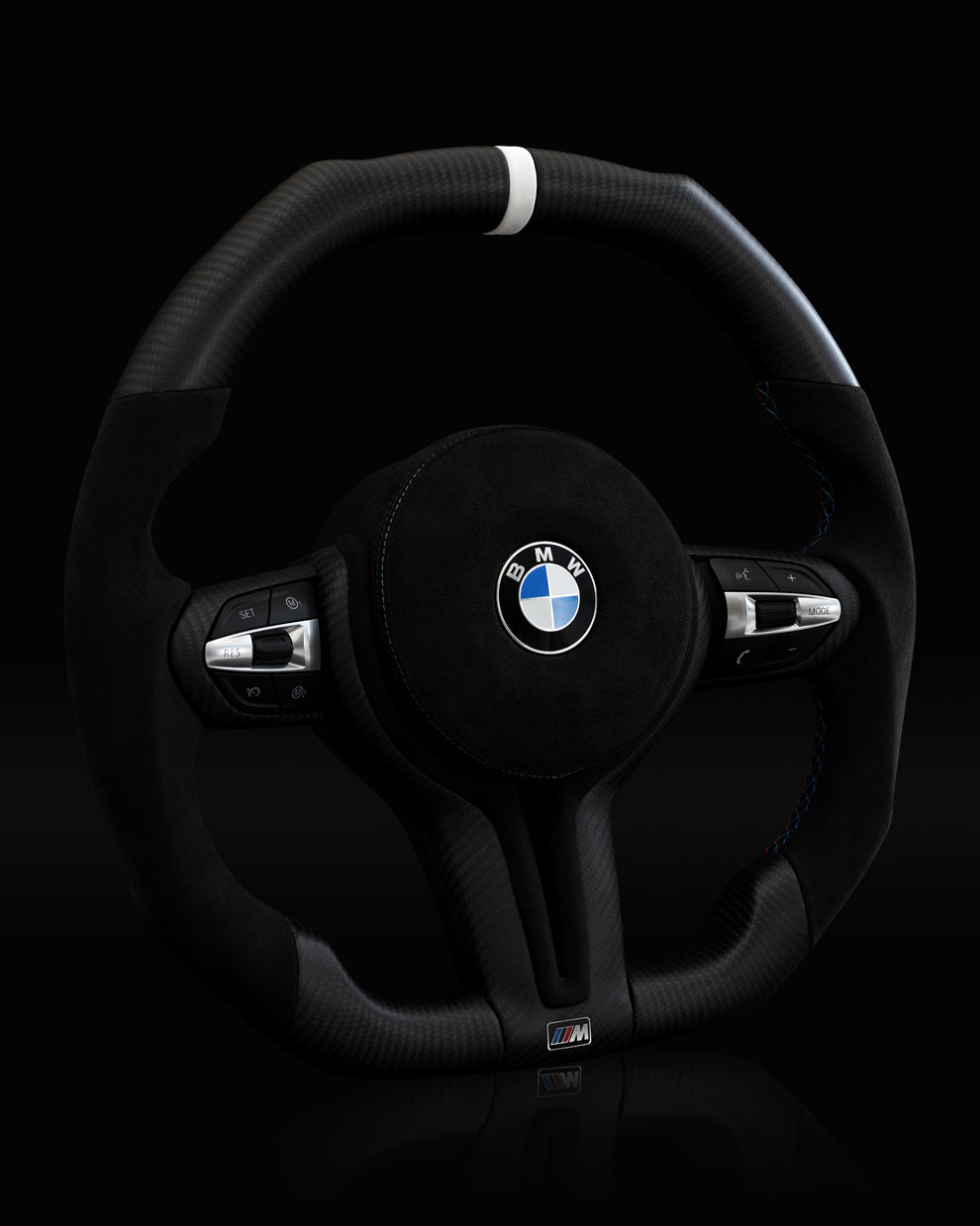 BMW Alcantara Flat Bottom White Stripe Dry Carbon Fiber Steering Wheel for F Chassis- iCBL's Signature Design for F30 F32 F80 F82 M3 M4 M2 335i 340i 328i 440i 435i